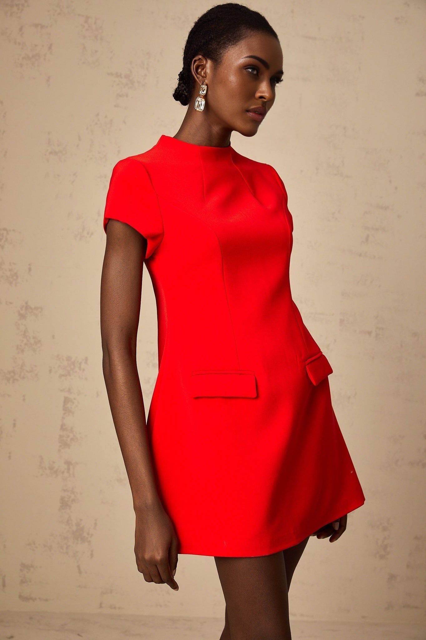 Ainsley Mini Dress - Crew Neck - Cap Sleeves - Cinched Waist - Faux Flap Pockets