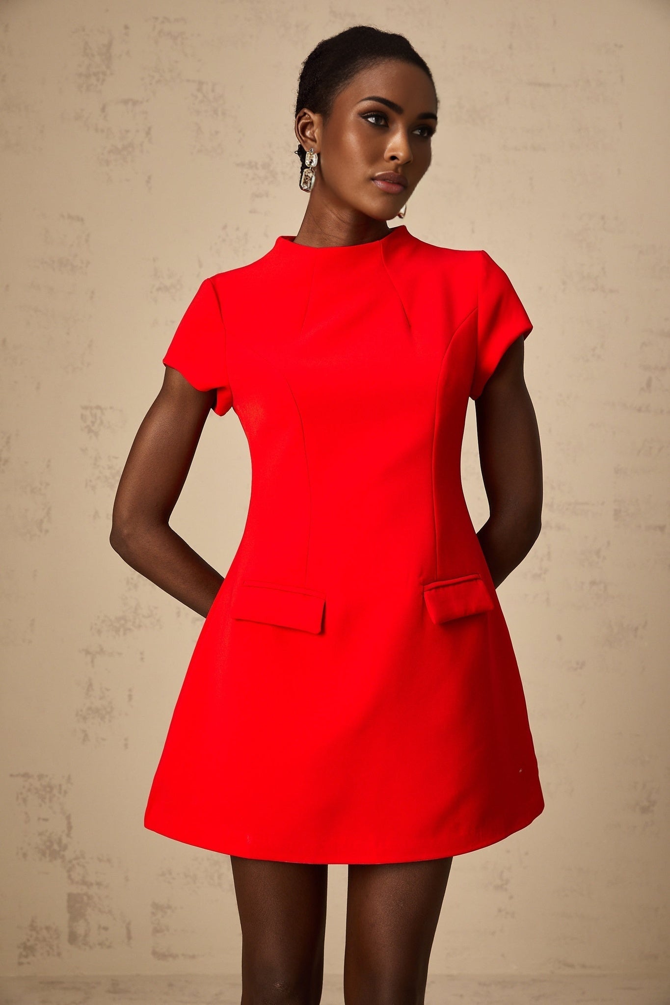 Ainsley Mini Dress - Crew Neck - Cap Sleeves - Cinched Waist - Faux Flap Pockets