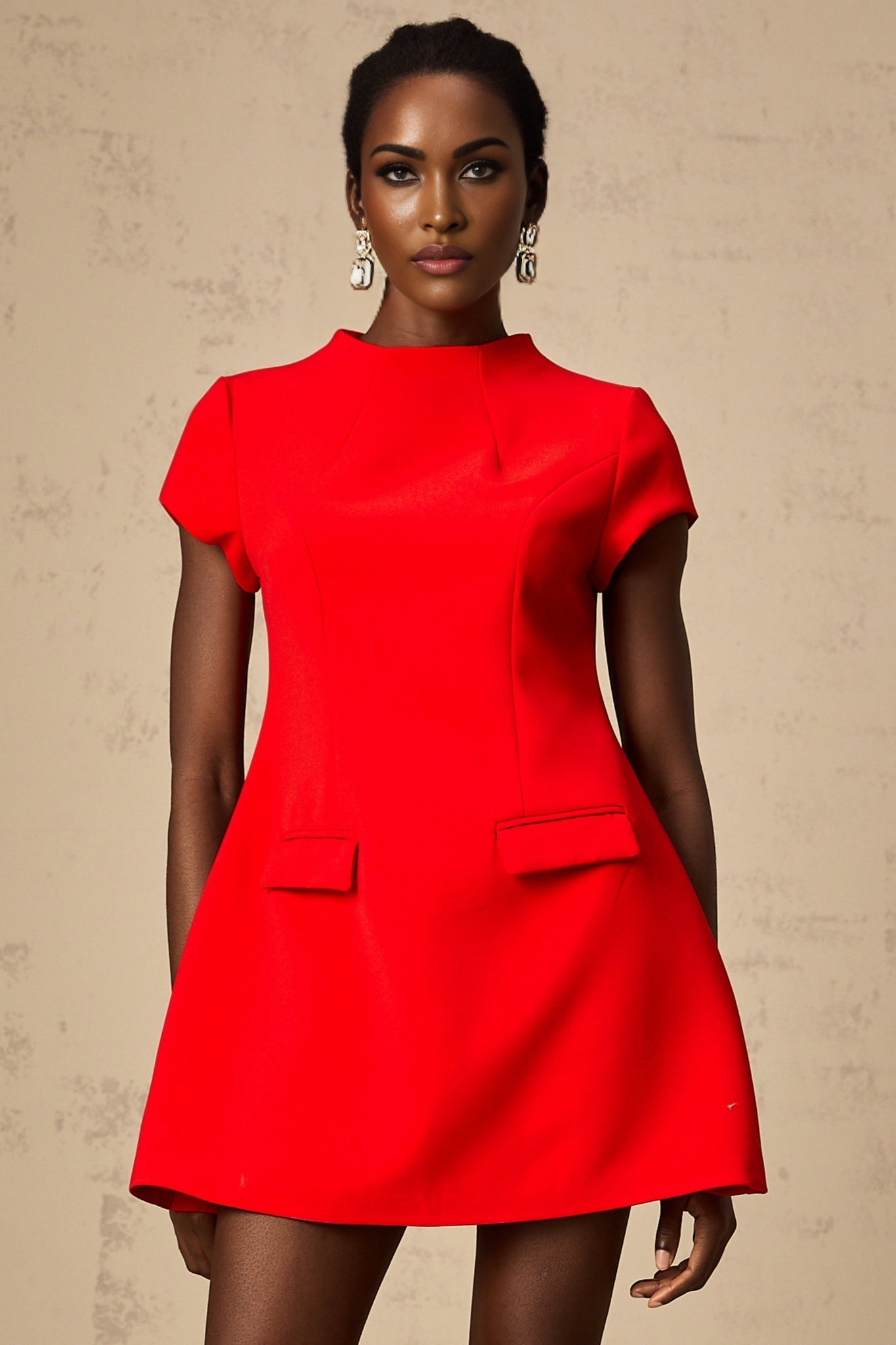 Ainsley Mini Dress - Crew Neck - Cap Sleeves - Cinched Waist - Faux Flap Pockets