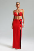 Ainsley Red Floral Rose Accents High Slit Structured Bodice Dress
