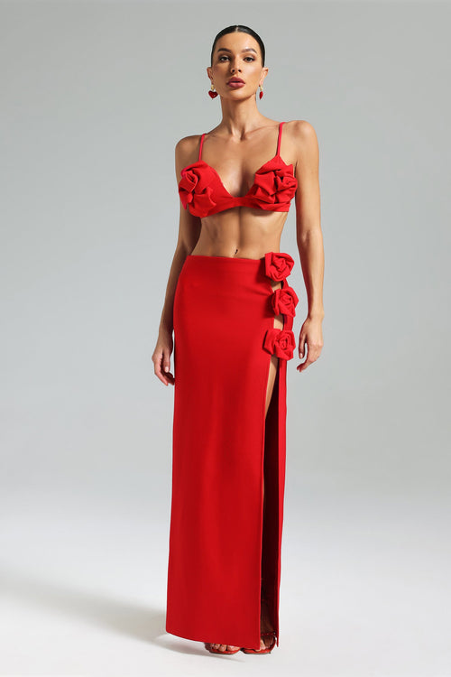 Ainsley Red Floral Rose Accents High Slit Structured Bodice Dress