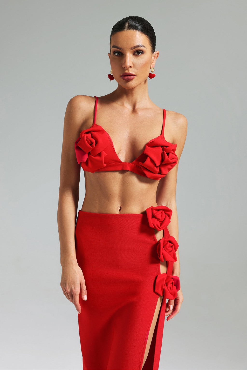 Ainsley Red Floral Rose Dress with High Slit and Structured Bodice for Women