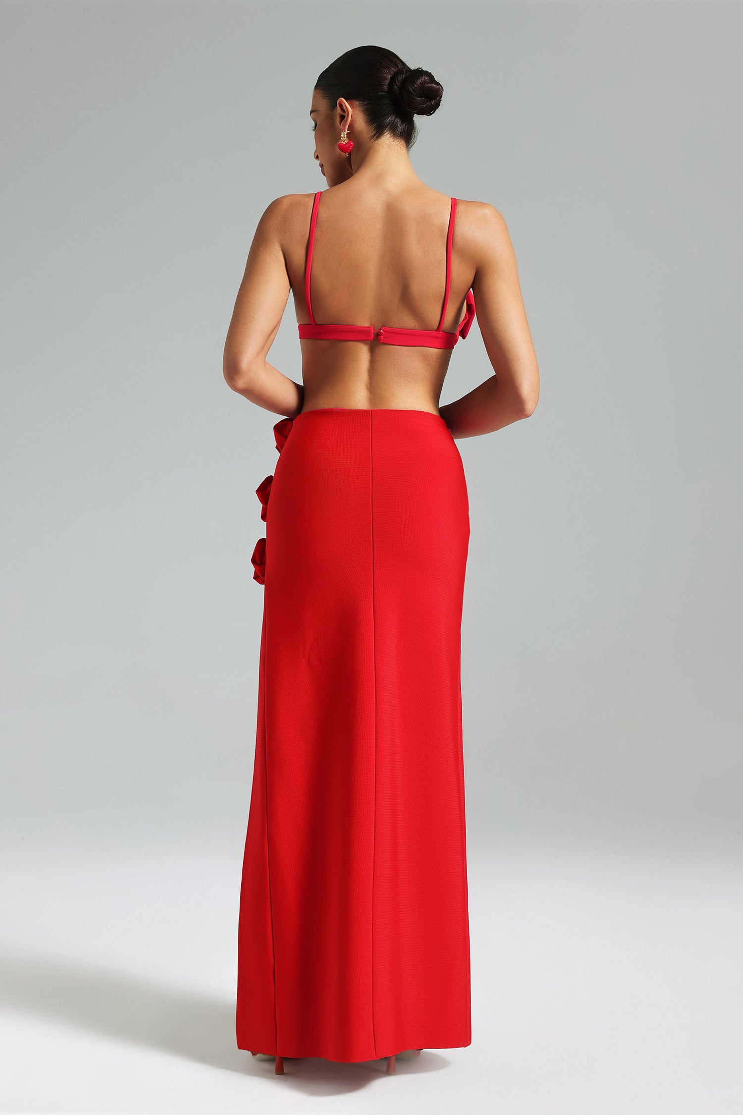Ainsley Red Floral Rose Dress with High Slit and Structured Bodice for Women