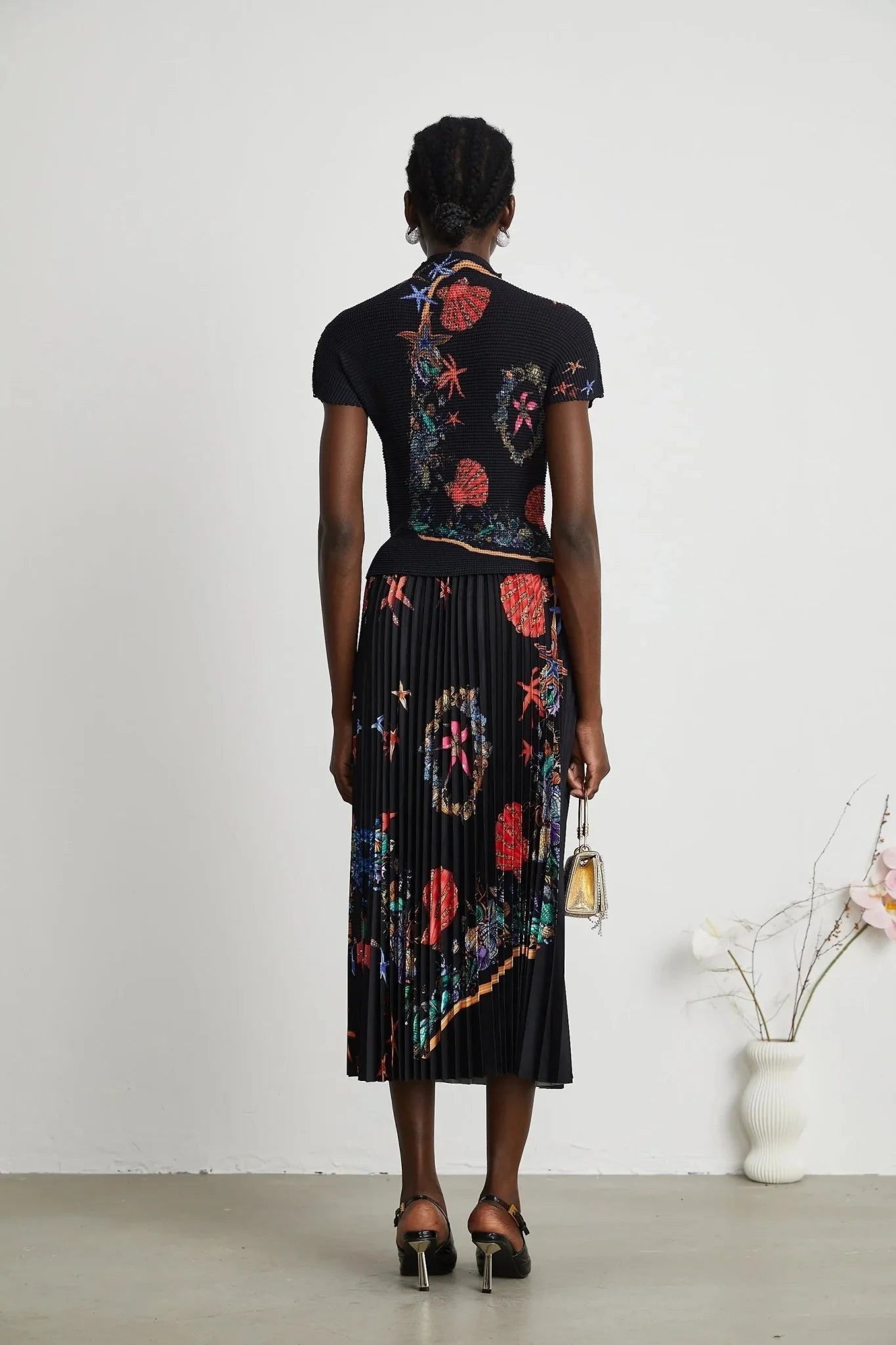 Ainsley Skirt & Top Set - Short Sleeves - Mock Neck - Pattern - Pleat Detailing