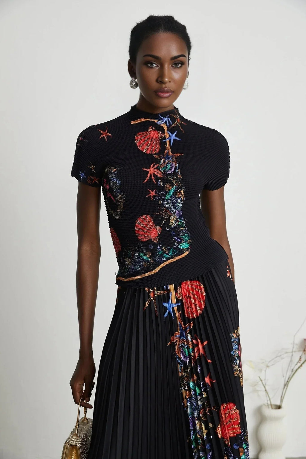 Ainsley Skirt & Top Set - Short Sleeves - Mock Neck - Pattern - Pleat Detailing