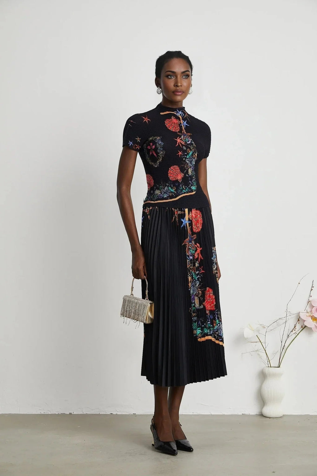 Ainsley Skirt & Top Set - Short Sleeves - Mock Neck - Pattern - Pleat Detailing