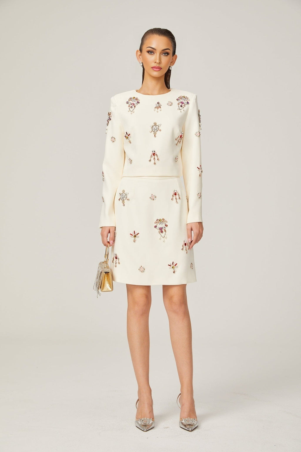 Ainsley Top & Skirt Set - Crystal Embellishment - Dart Detailing - Zippered Cuffs - Rear Zip Fastening - Lined