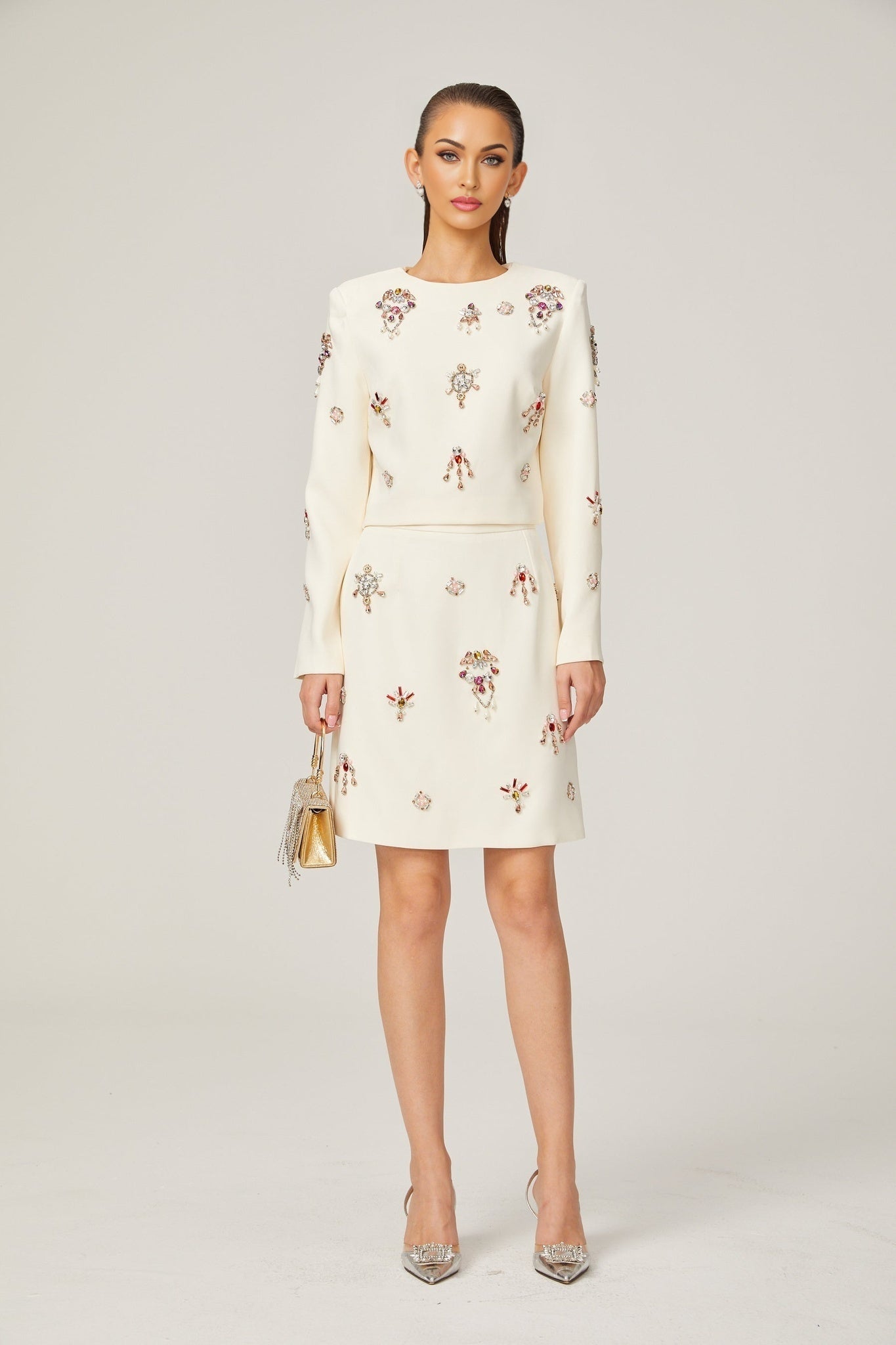Ainsley Top & Skirt Set - Crystal Embellishment - Dart Detailing - Zippered Cuffs - Rear Zip Fastening - Lined