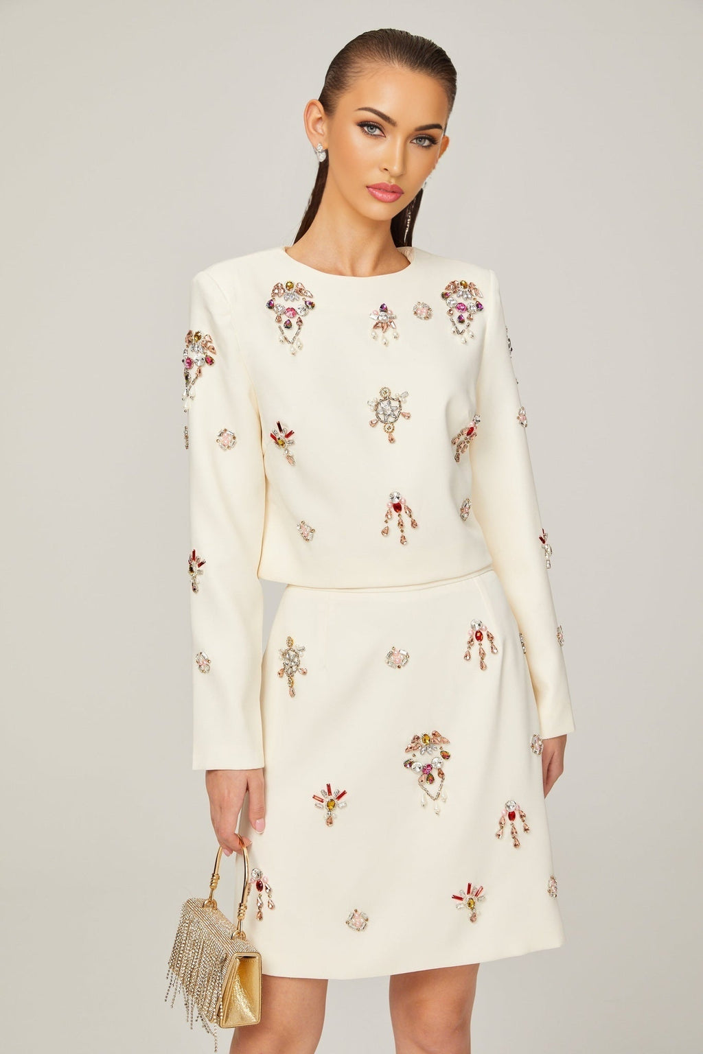 Ainsley Top & Skirt Set - Crystal Embellishment - Dart Detailing - Zippered Cuffs - Rear Zip Fastening - Lined