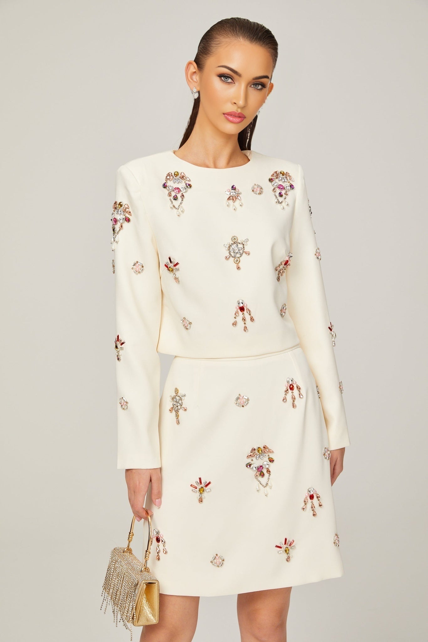Ainsley Top & Skirt Set - Crystal Embellishment - Dart Detailing - Zippered Cuffs - Rear Zip Fastening - Lined