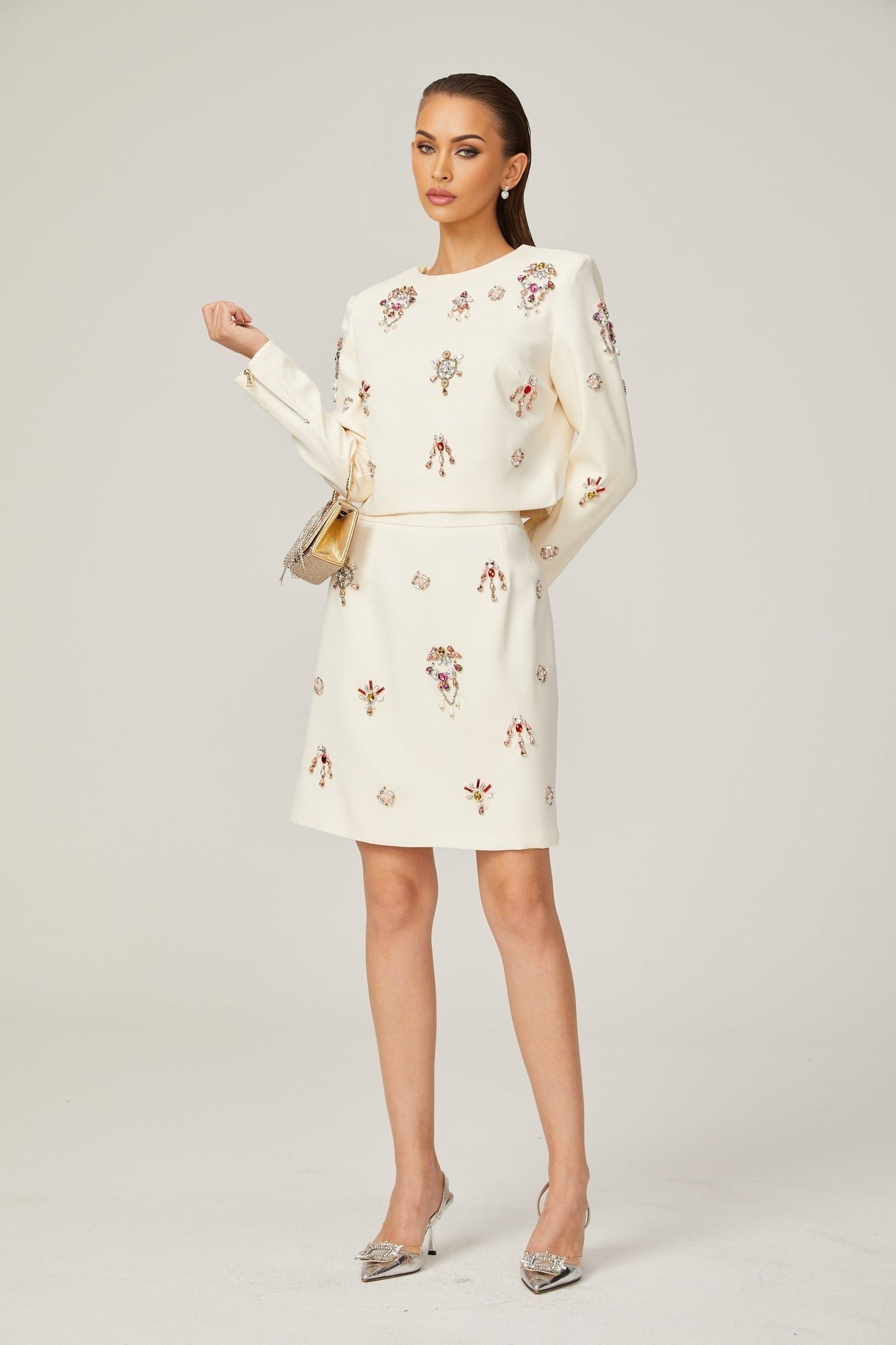 Ainsley Top & Skirt Set - Crystal Embellishment - Dart Detailing - Zippered Cuffs - Rear Zip Fastening - Lined