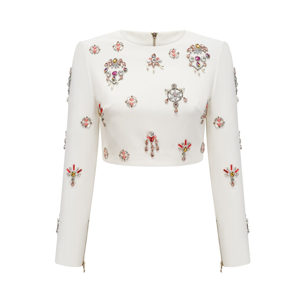 Ainsley Top & Skirt Set - Crystal Embellishment - Dart Detailing - Zippered Cuffs - Rear Zip Fastening - Lined