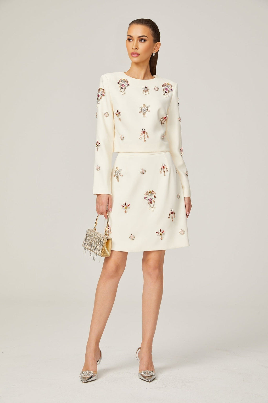 Ainsley Top & Skirt Set - Crystal Embellishment - Dart Detailing - Zippered Cuffs - Rear Zip Fastening - Lined