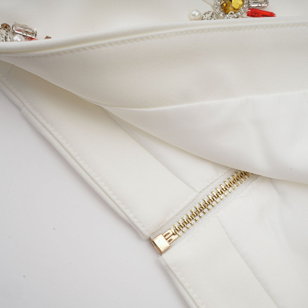 Ainsley Top & Skirt Set - Crystal Embellishment - Dart Detailing - Zippered Cuffs - Rear Zip Fastening - Lined