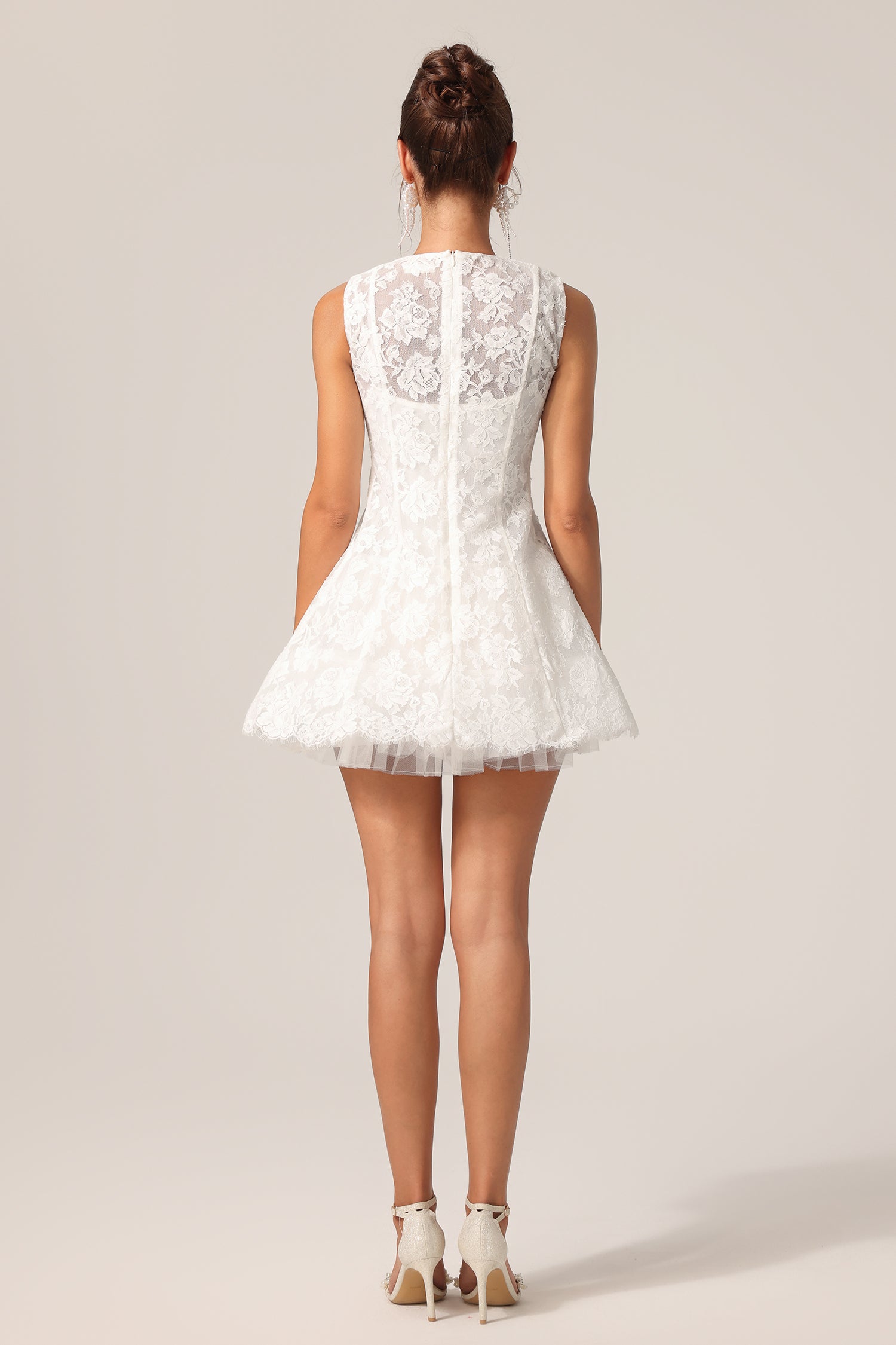 Ainsley White Lace Sleeveless Mini Dress with Black Bowknot
