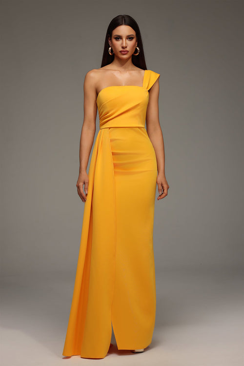 Ainsley Yellow One-Shoulder Dress Luxurious Fabric Elegant Silhouette Wedding Gala Formal Evening