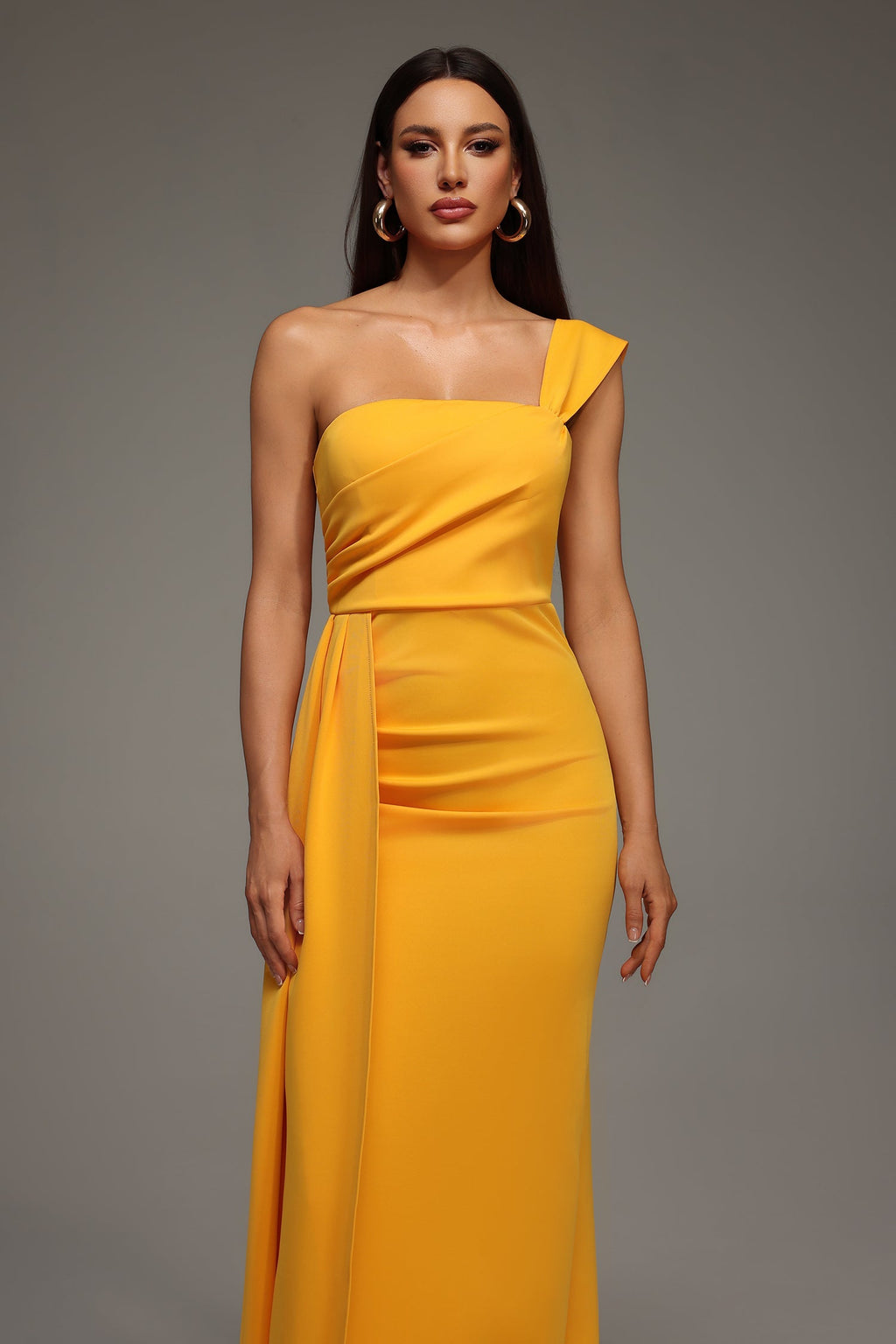 Ainsley Yellow One Shoulder Dress Elegant Modern Elegance Luxurious Fabric Flattering Fit Allure Slit Detailing Wedding Gala Confidence Style