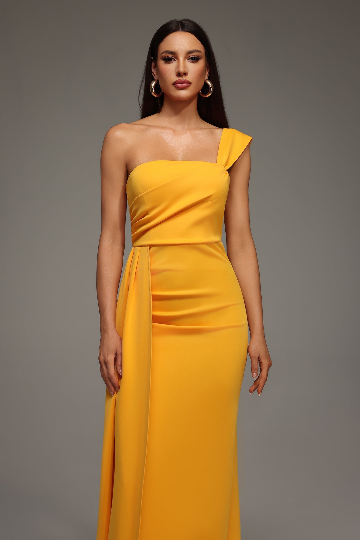 Ainsley Yellow One Shoulder Dress Elegant Modern Elegance Luxurious Fabric Flattering Fit Allure Slit Detailing Wedding Gala Confidence Style