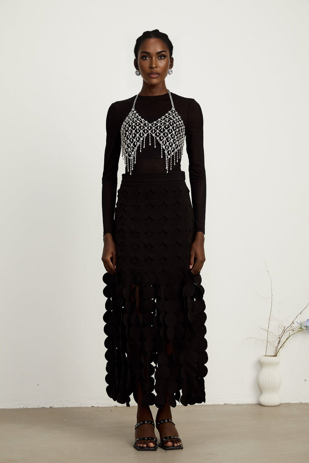 Alana Maxi Dress - Ankle Length - Fringed Design - Fabric - Disc Overlay - Rear Zip Fastening