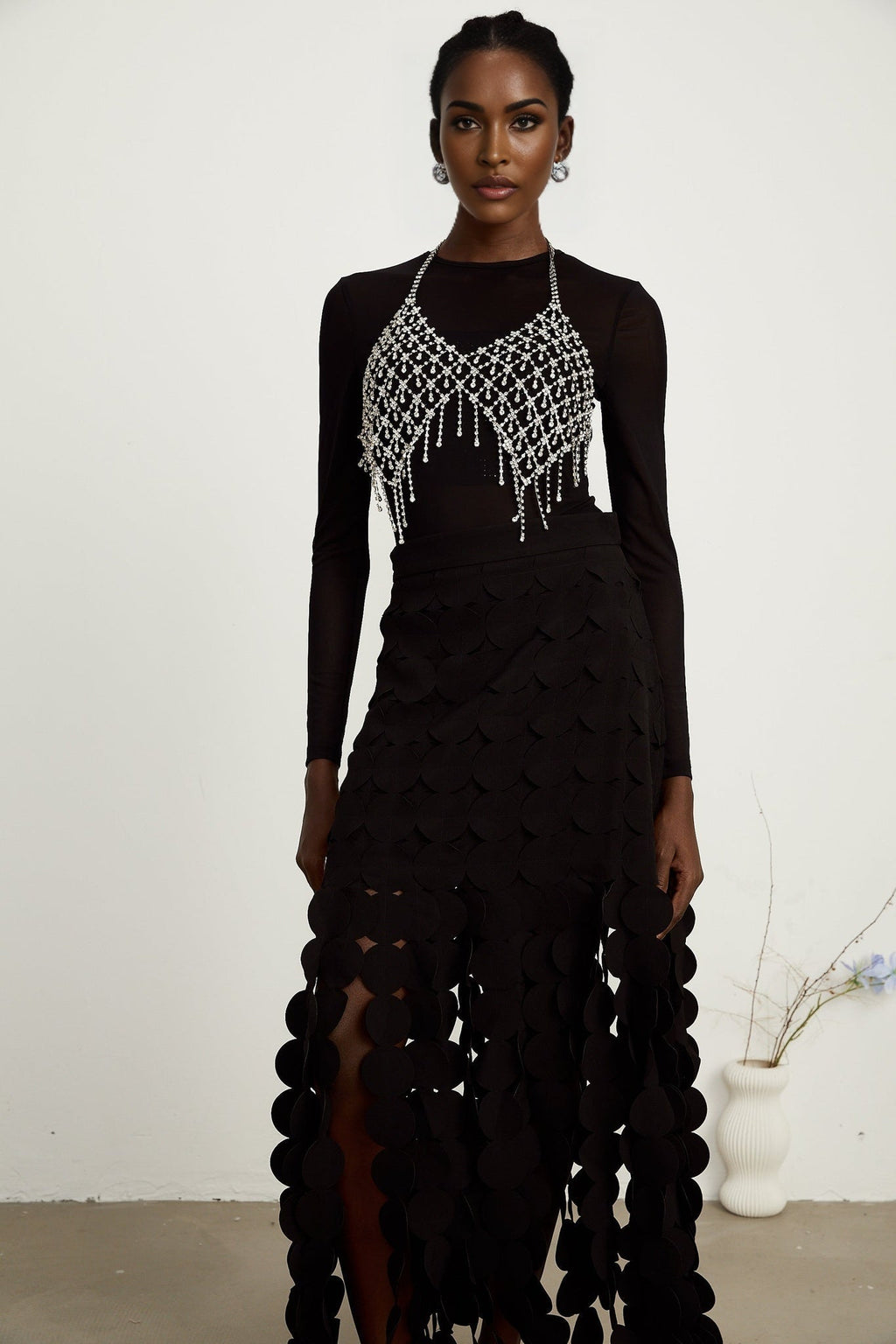 Alana Maxi Dress - Ankle Length - Fringed Design - Fabric - Disc Overlay - Rear Zip Fastening