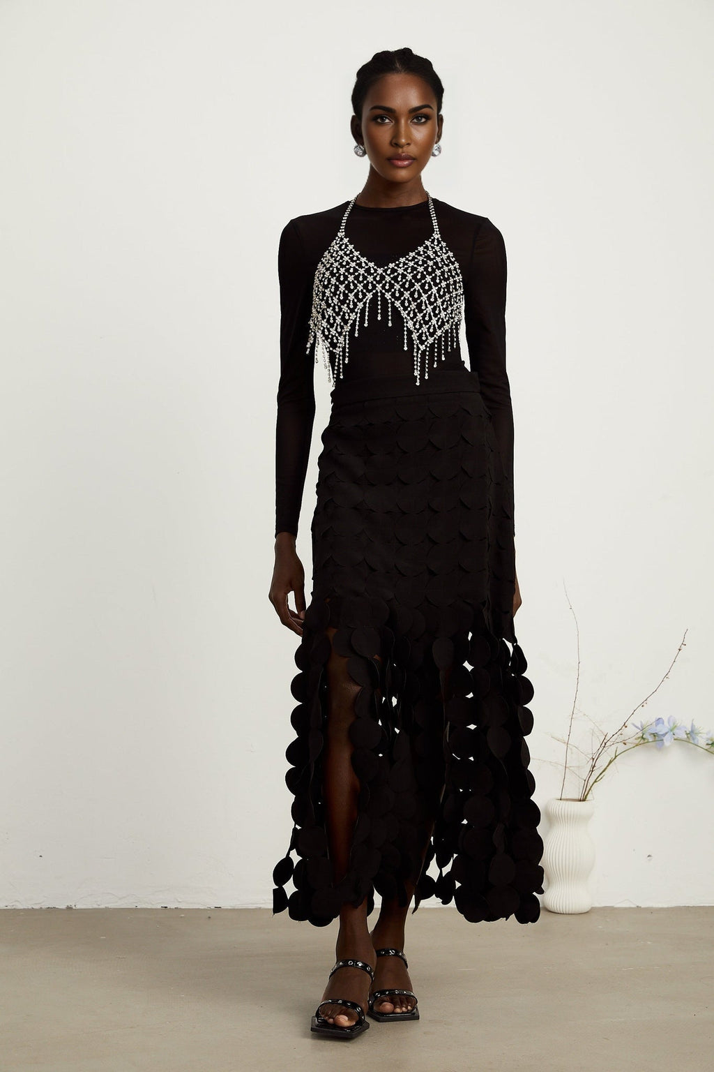 Alana Maxi Dress - Ankle Length - Fringed Design - Fabric - Disc Overlay - Rear Zip Fastening