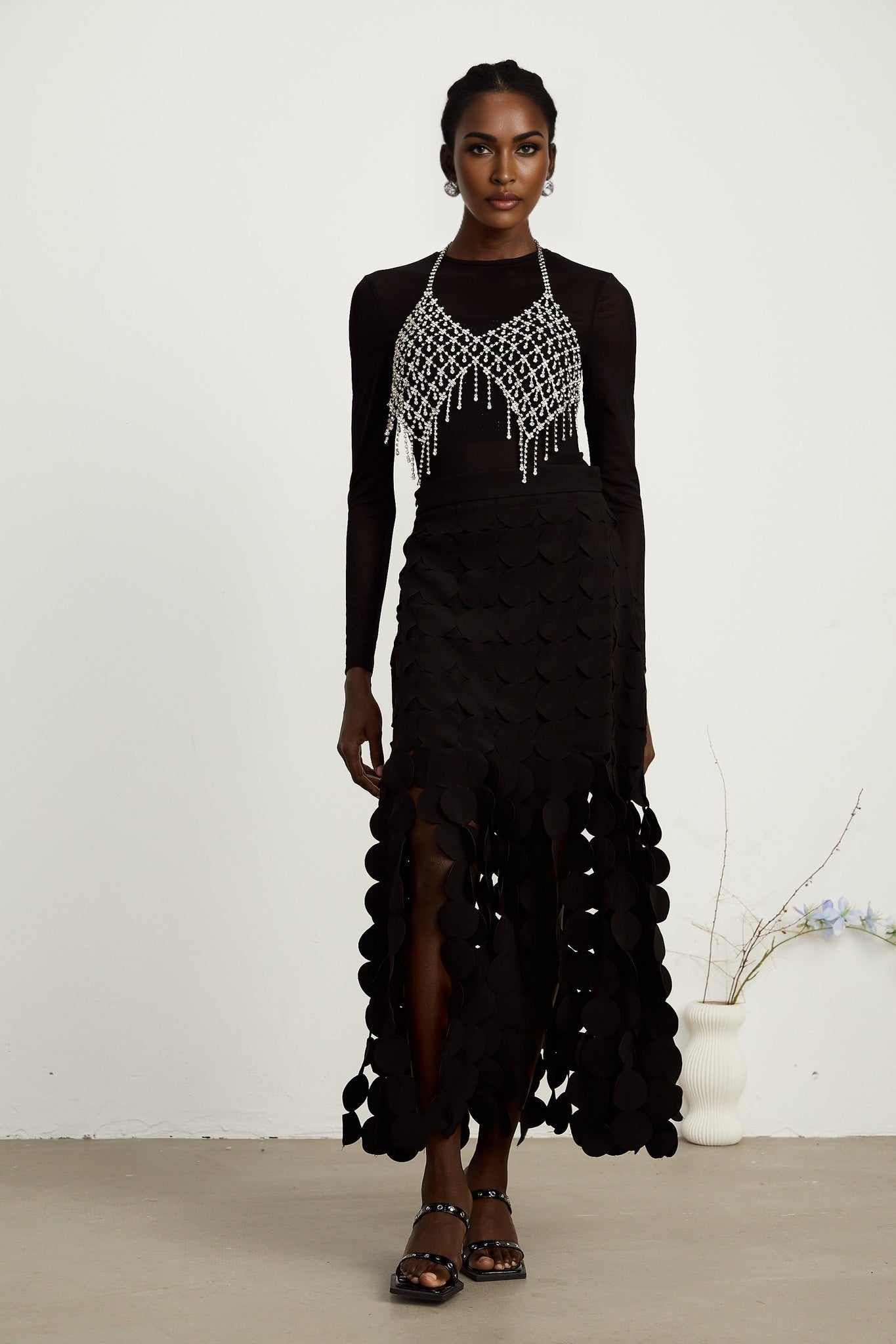 Alana Maxi Dress - Ankle Length - Fringed Design - Fabric - Disc Overlay - Rear Zip Fastening