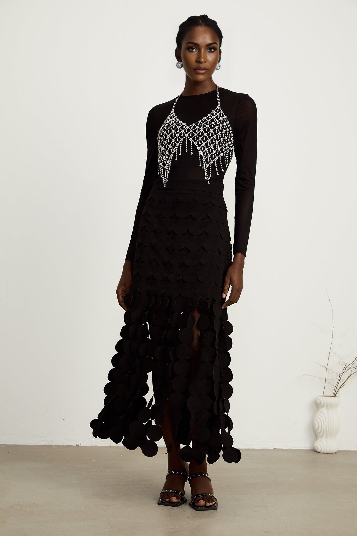 Alana Maxi Dress - Ankle Length - Fringed Design - Fabric - Disc Overlay - Rear Zip Fastening