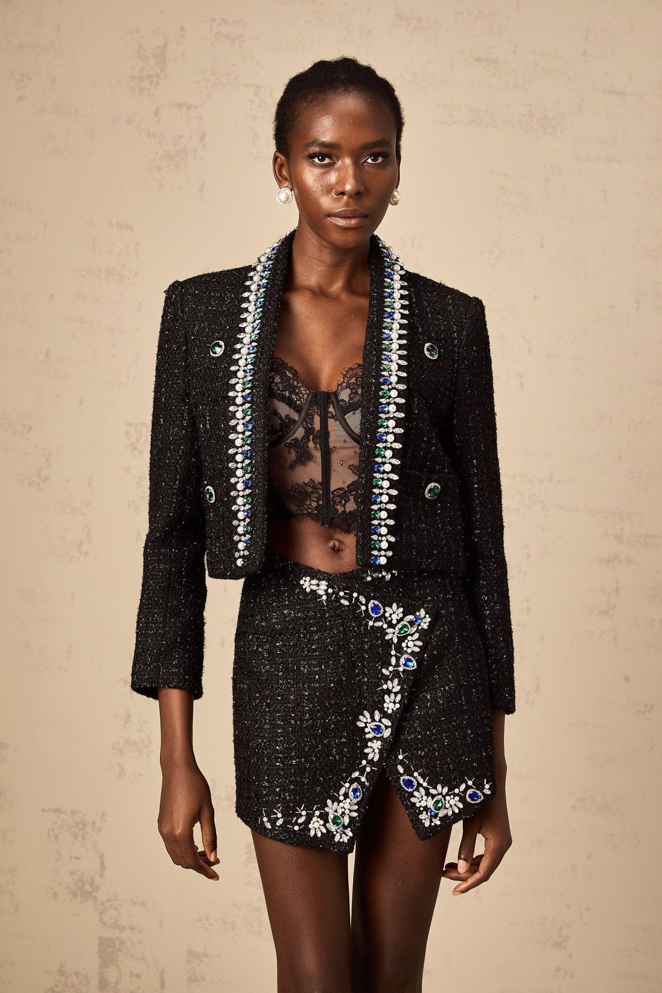 Alba Jacket & Skirt Set - Bouclé Construction - Crystal & Faux - Pearl Embellishment - Metallic Threading - Patch Pockets