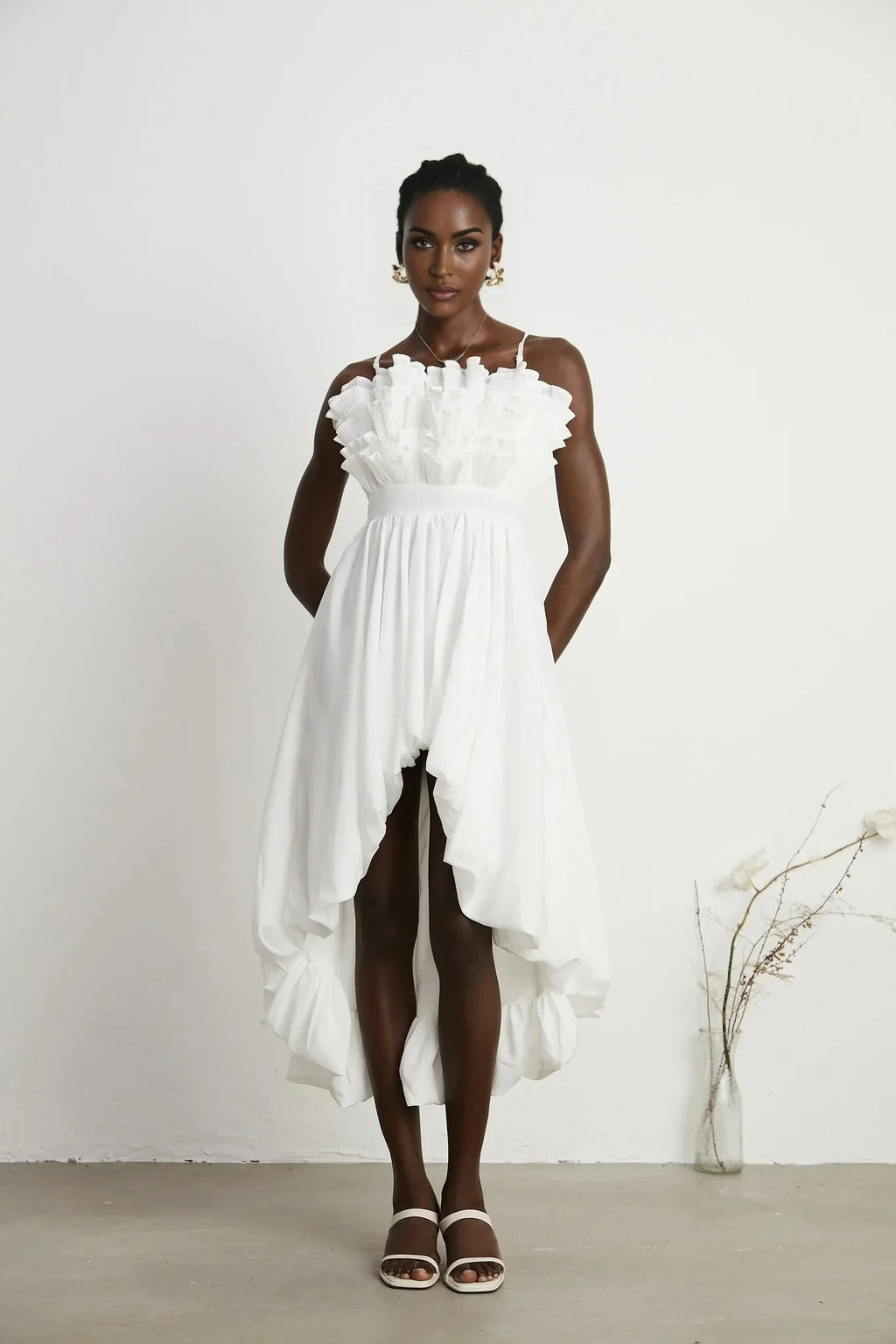 Alba Midi Dress - Sleeveless - Pleated - Spaghetti Straps - Ruffled Hem