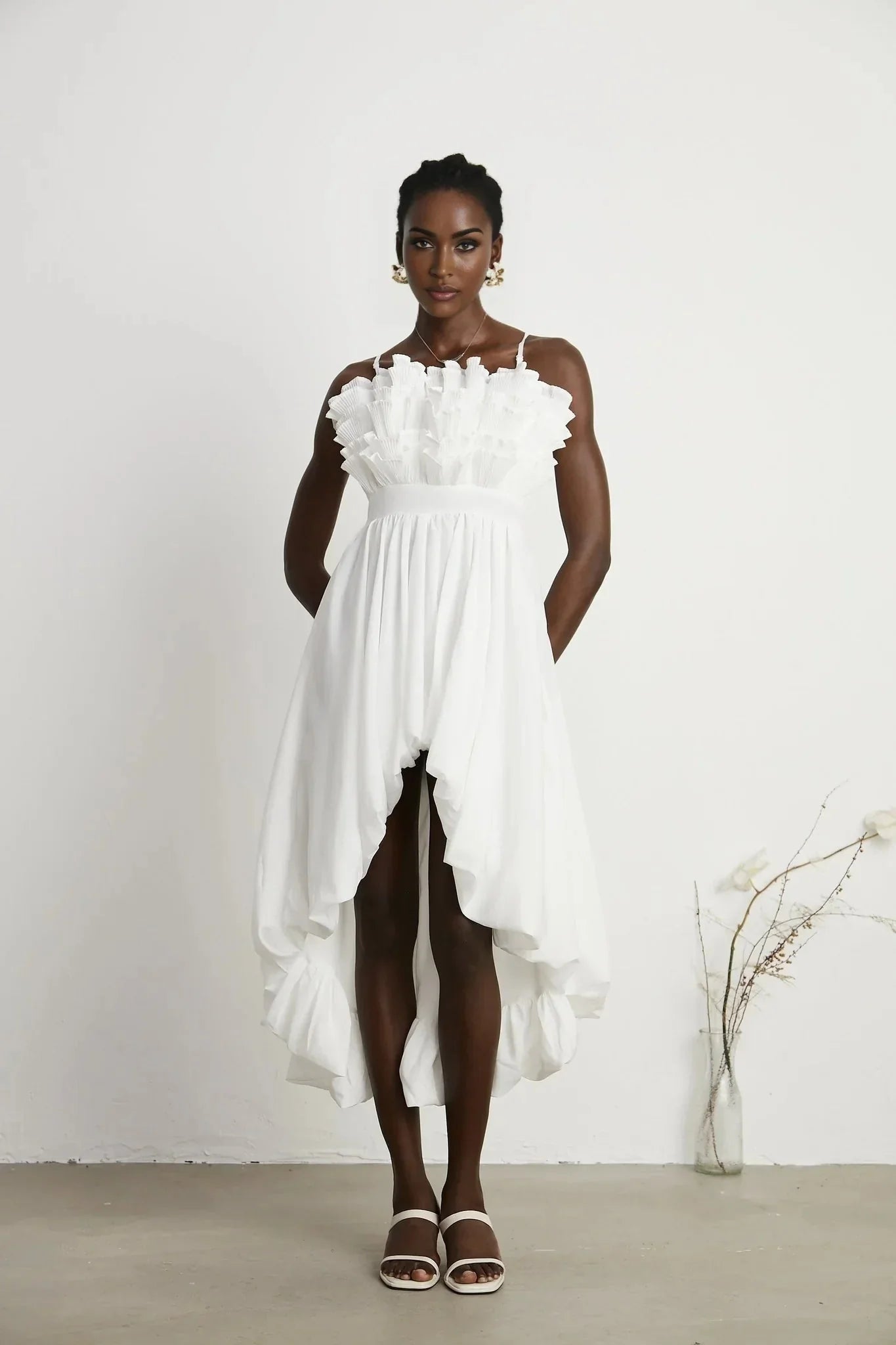 Alba Midi Dress - Sleeveless - Pleated - Spaghetti Straps - Ruffled Hem