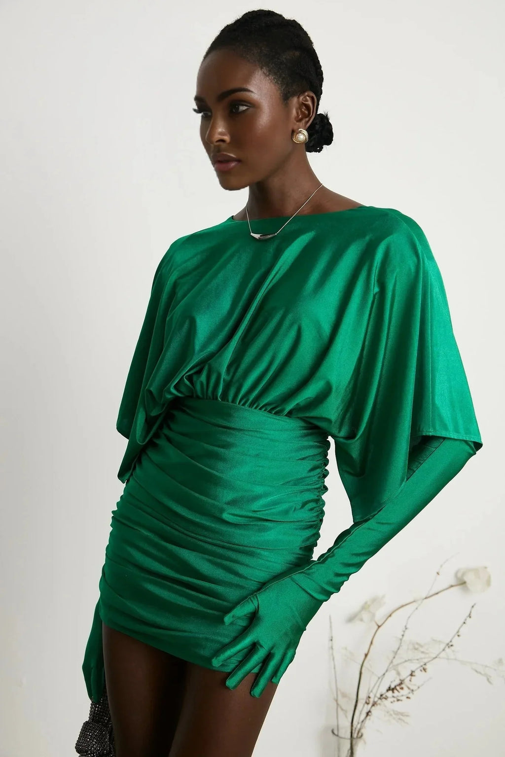 Alba Mini Dress - Stretch - Design Satin Finish Ruched Detailing V - Neck