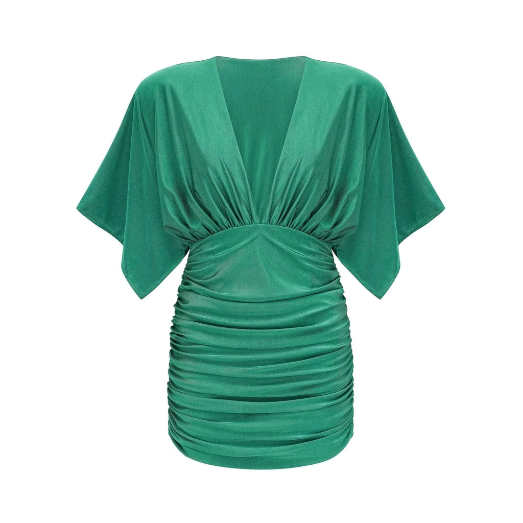 Alba Mini Dress - Stretch - Design Satin Finish Ruched Detailing V - Neck