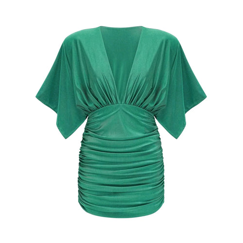 Alba Mini Dress - Stretch - Design Satin Finish Ruched Detailing V - Neck