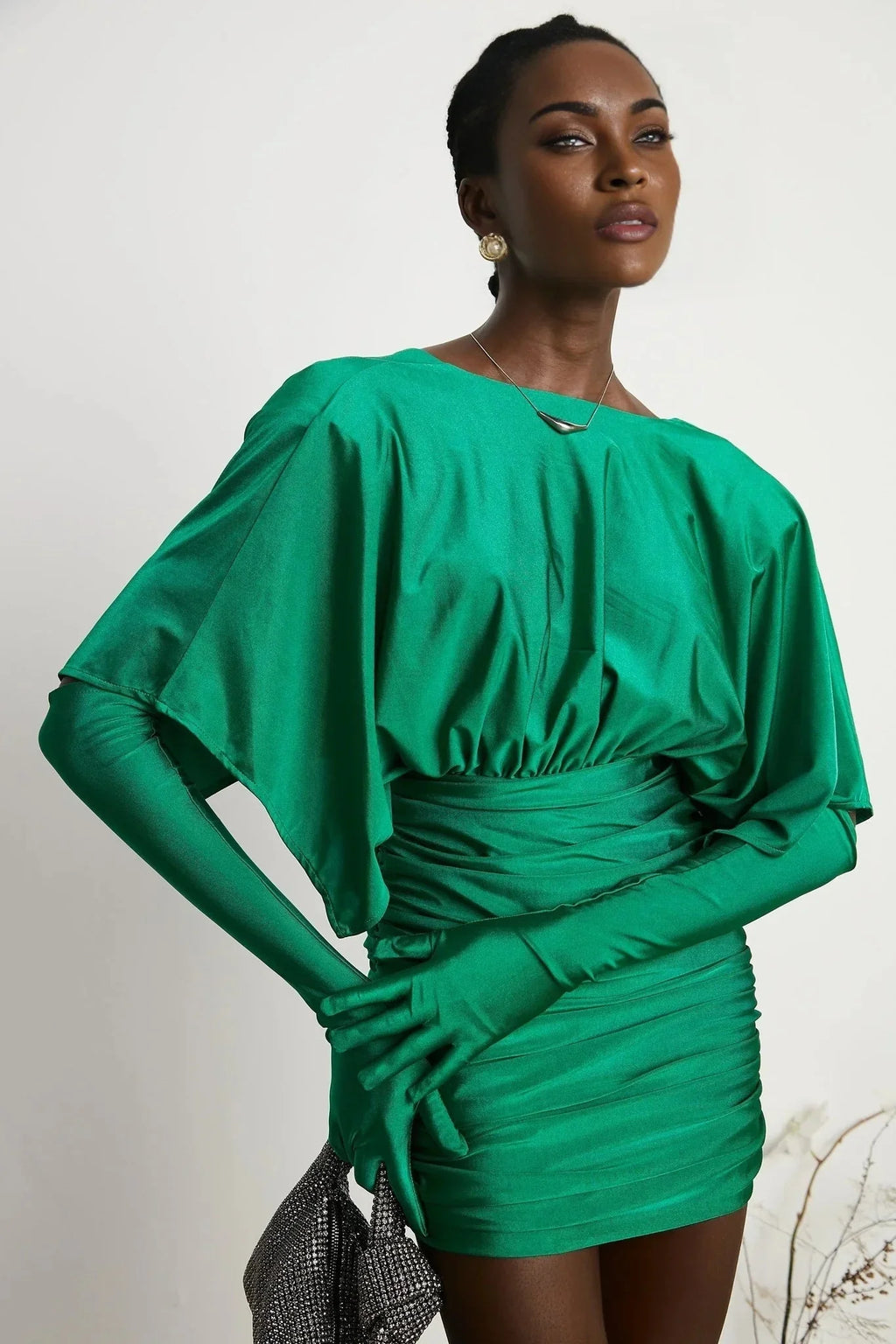 Alba Mini Dress - Stretch - Design Satin Finish Ruched Detailing V - Neck