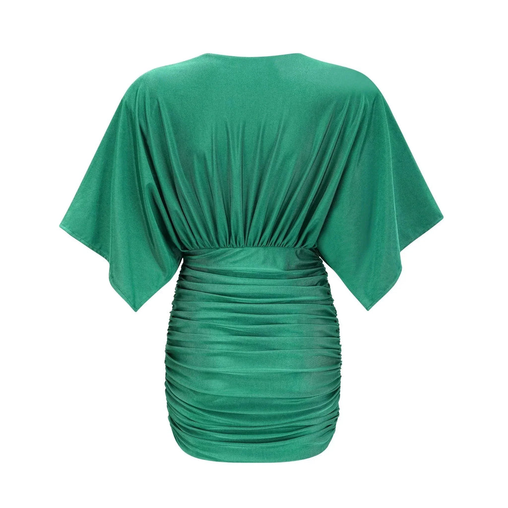 Alba Mini Dress - Stretch - Design Satin Finish Ruched Detailing V - Neck