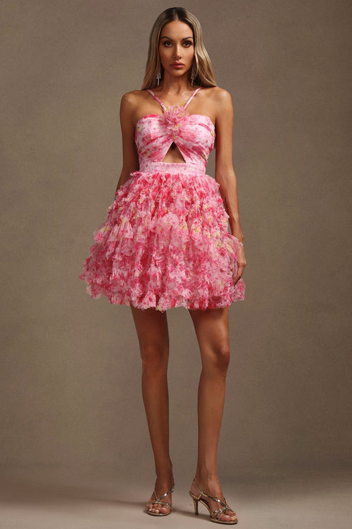 Alba Pink Floral Cutout Ruffle Dress for Women