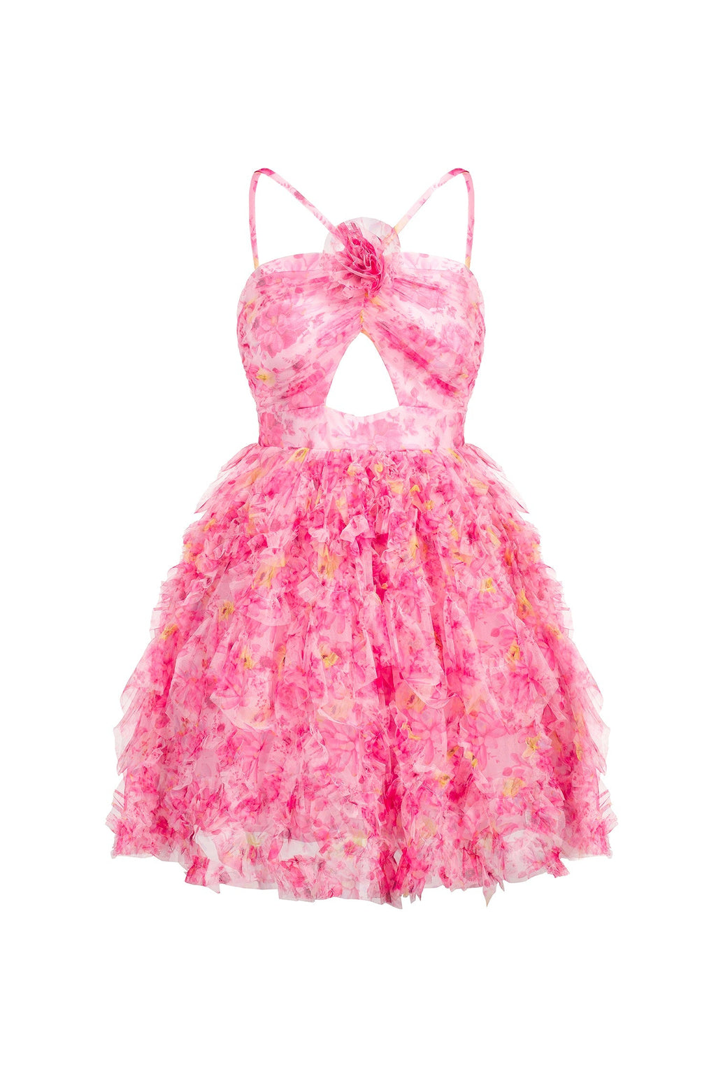 Alba Pink Floral Cutout Ruffle Dress
