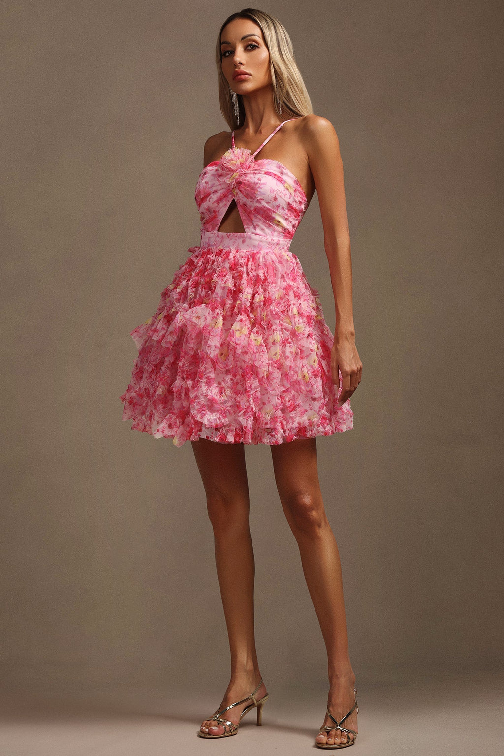 Alba Pink Floral Cutout Ruffle Dress