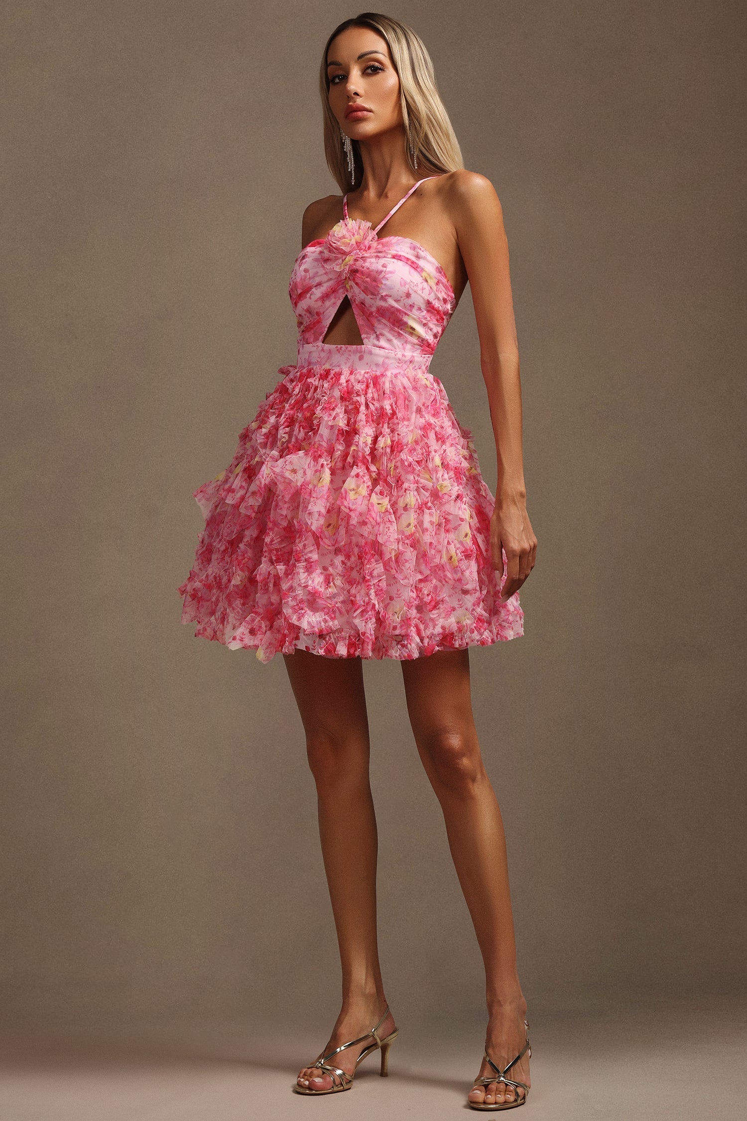 Alba Pink Floral Cutout Ruffle Dress