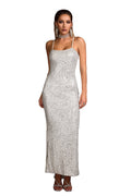 Alba Silver Backless Evening Dress with Sparkling Detailing