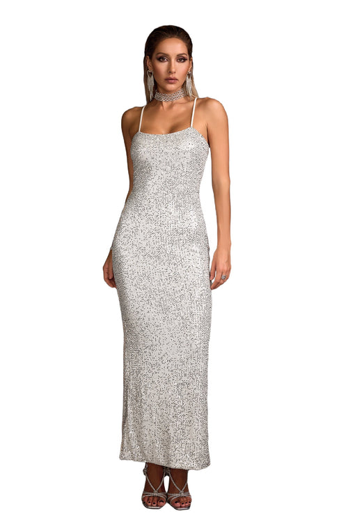 Alba Silver Backless Evening Dress with Sparkling Detailing
