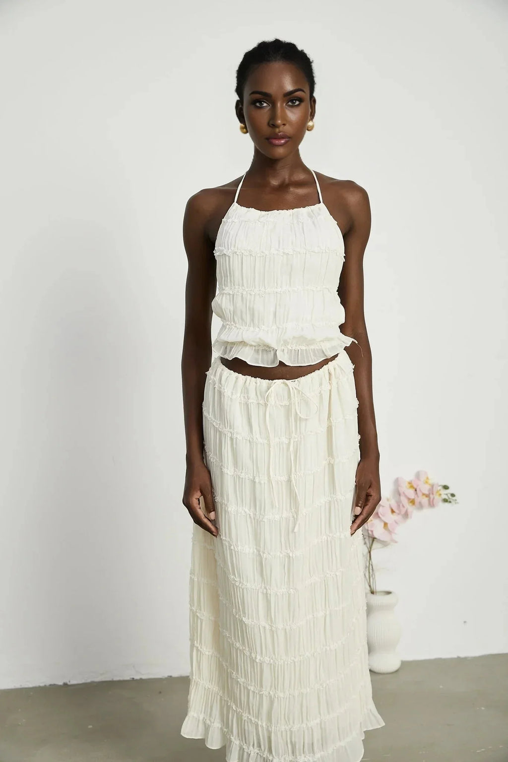 Alba Skirt & Top Set - Sleeveless Halterneck Open Back Pleated Ruffled Floor Length