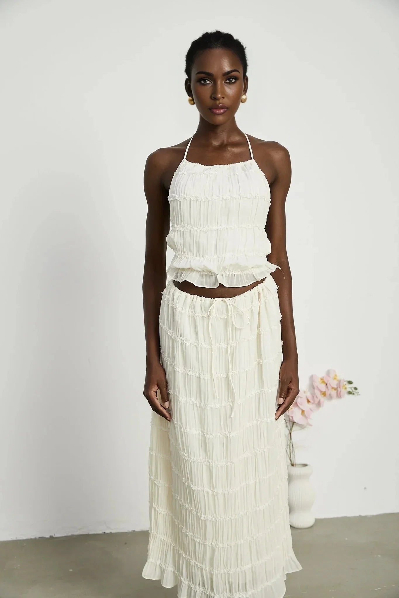 Alba Skirt & Top Set - Sleeveless Halterneck Open Back Pleated Ruffled Floor Length