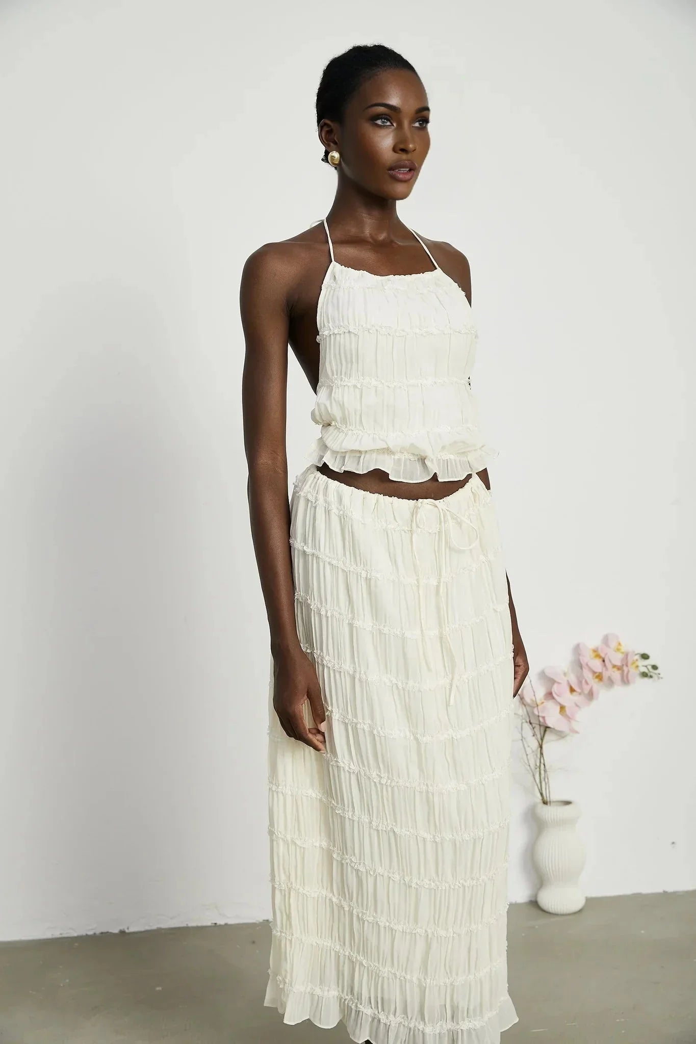 Alba Skirt & Top Set - Sleeveless Halterneck Open Back Pleated Ruffled Floor Length