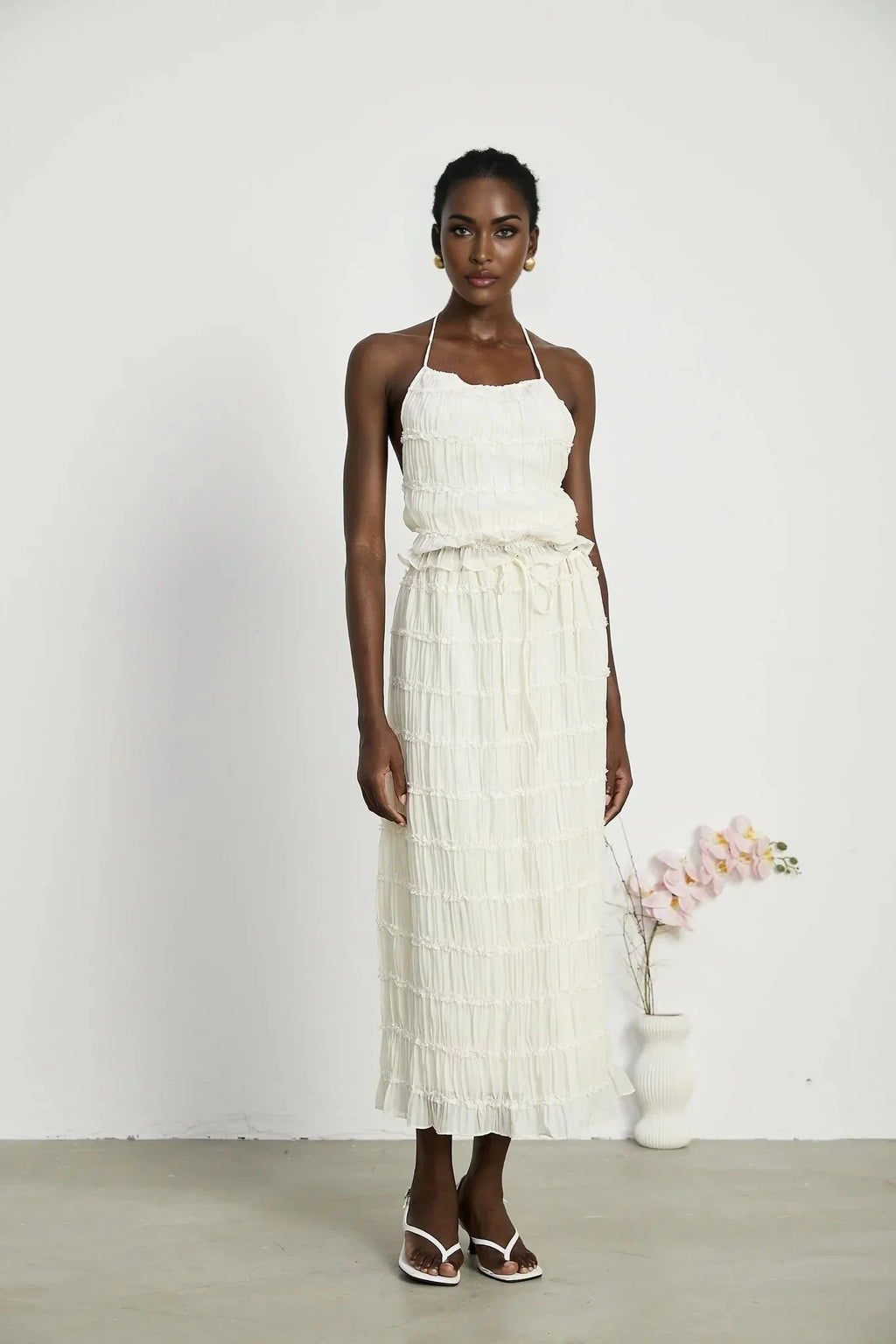 Alba Skirt & Top Set - Sleeveless Halterneck Open Back Pleated Ruffled Floor Length