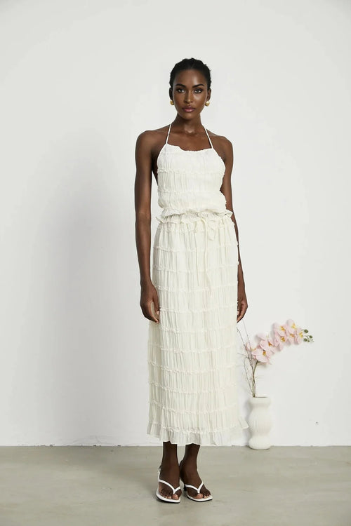 Alba Skirt & Top Set - Sleeveless Halterneck Open Back Pleated Ruffled Floor Length