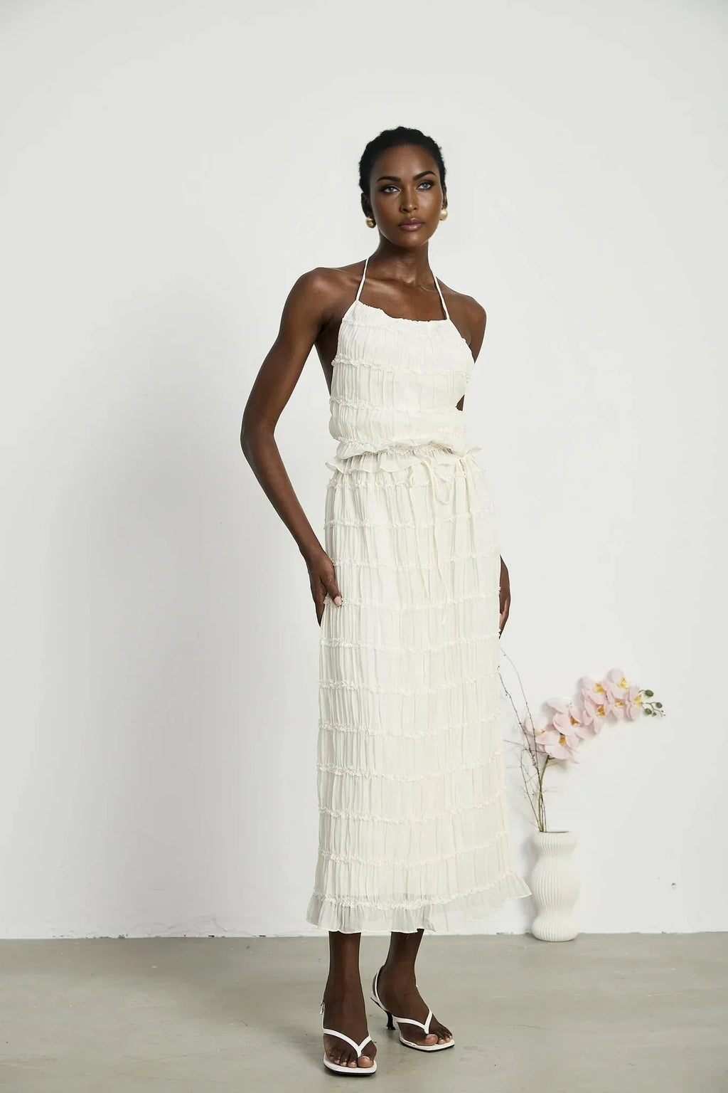Alba Skirt & Top Set - Sleeveless Halterneck Open Back Pleated Ruffled Floor Length
