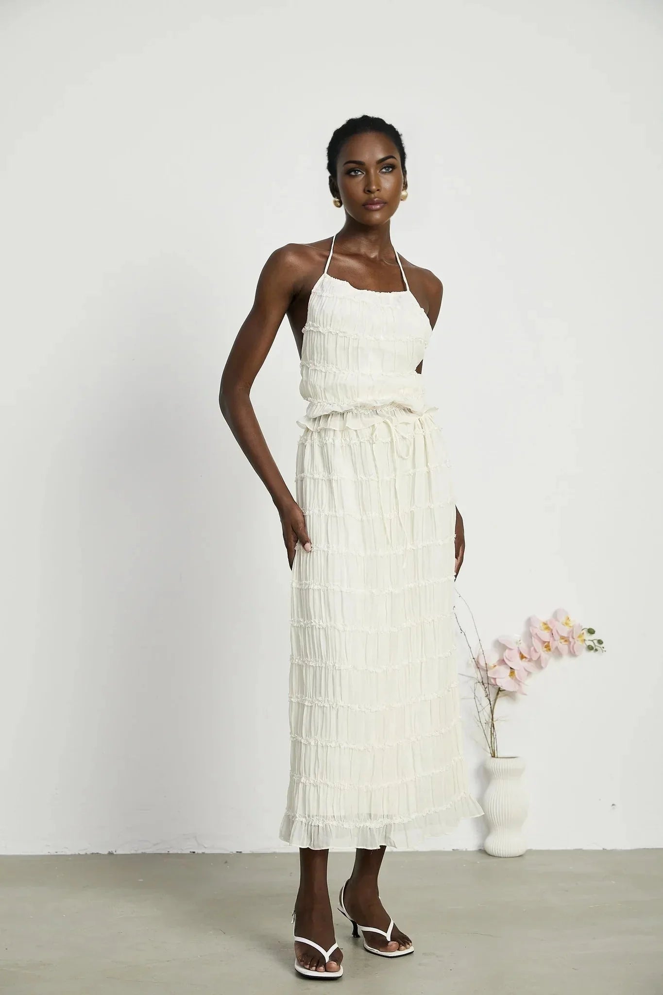 Alba Skirt & Top Set - Sleeveless Halterneck Open Back Pleated Ruffled Floor Length