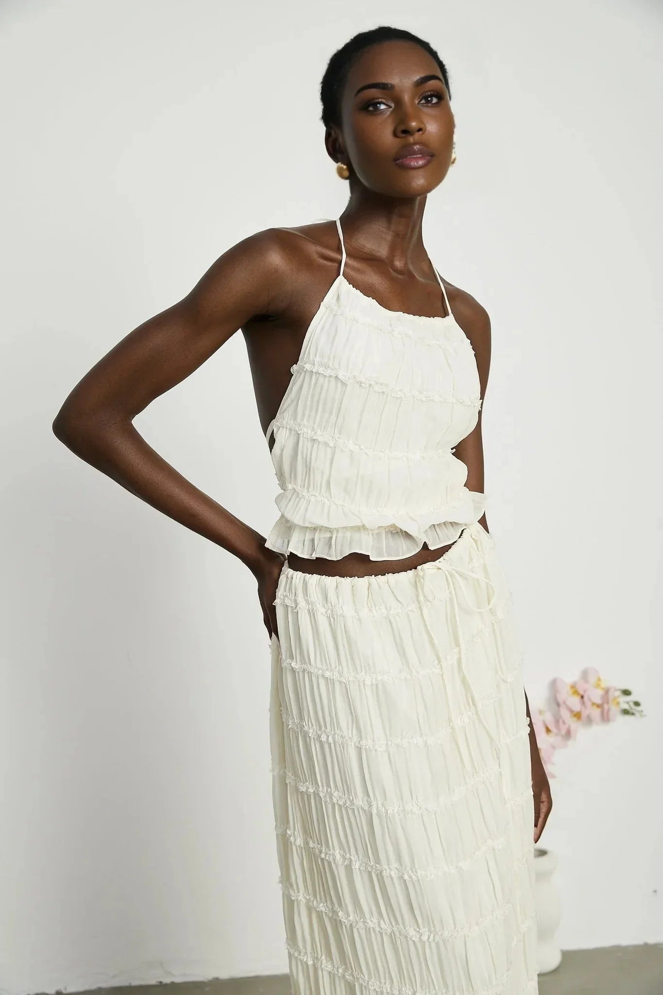 Alba Skirt & Top Set - Sleeveless Halterneck Open Back Pleated Ruffled Floor Length