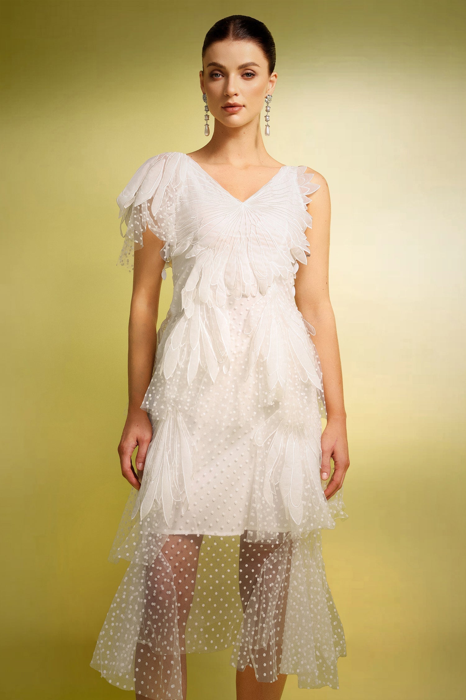 Alba White Butterfly Wave Point V-Neck Ruffled Dress